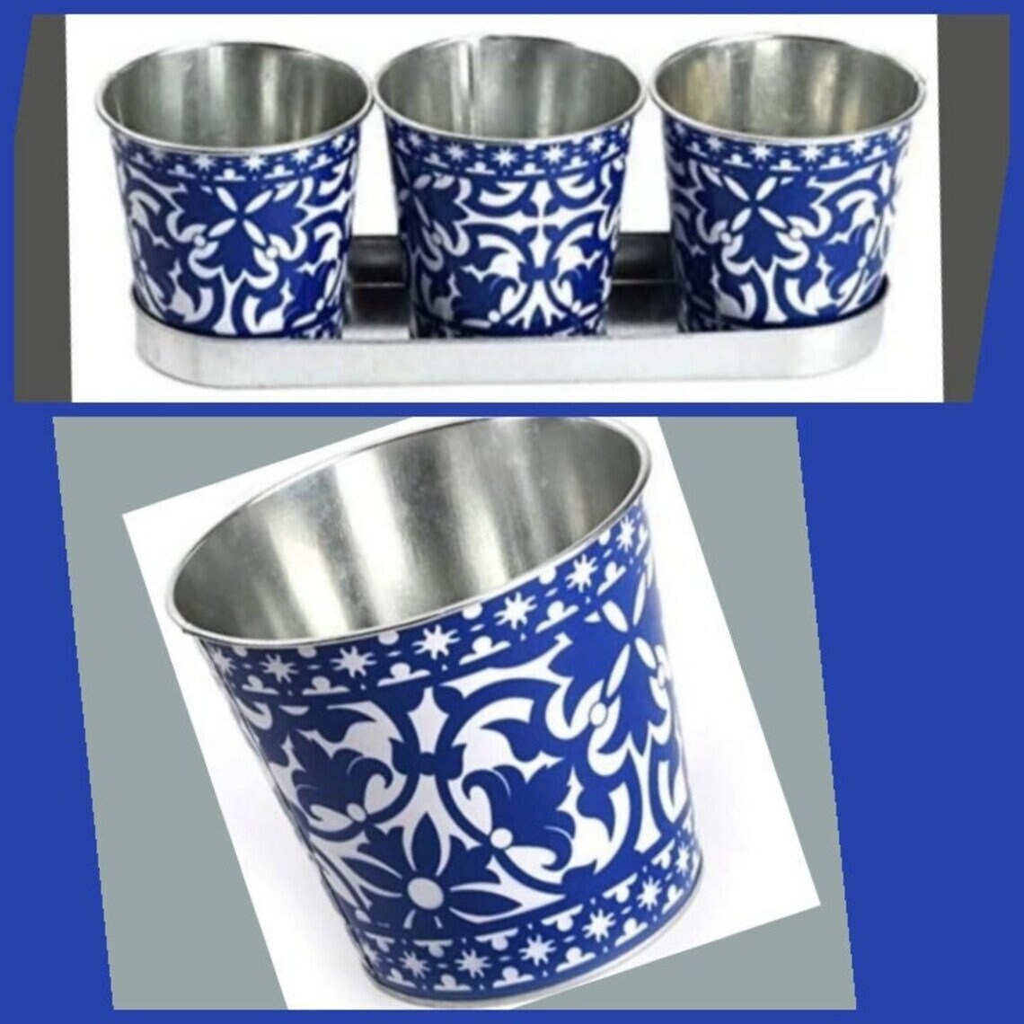 Rustic Portuguese patterened zinc pots on a tray (slightly damaged)