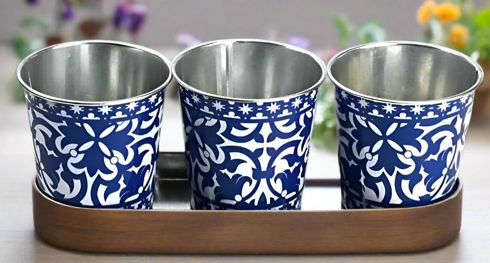 Rustic Portuguese patterened zinc pots on a tray